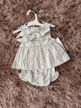 Striped Blue & Yellow Baby Girl Summer Dress Set with Headband